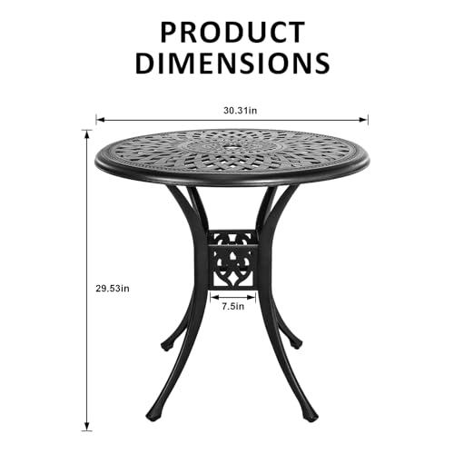 Image of 30 inches Patio Table with Umbrella Hole, Round Outdoor Table, Cast Aluminum Bistro Table, Metal Side Table for Porch Backyard, Black