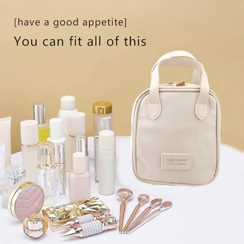 Small Makeup Bag Elegant Portable Premium Cosmetic Bag with Handle for Woman, Large Capacity PU Leather Travel Makeup Bag for Purse Waterproof Storage Toiletry Bag (White)3