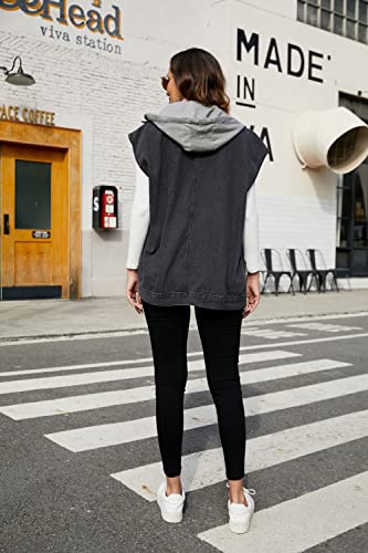 Image of PAODIKUAI Women's Oversized Denim Vest - Sleeveless Distressed Jean Vest with Pockets for Casual Layering