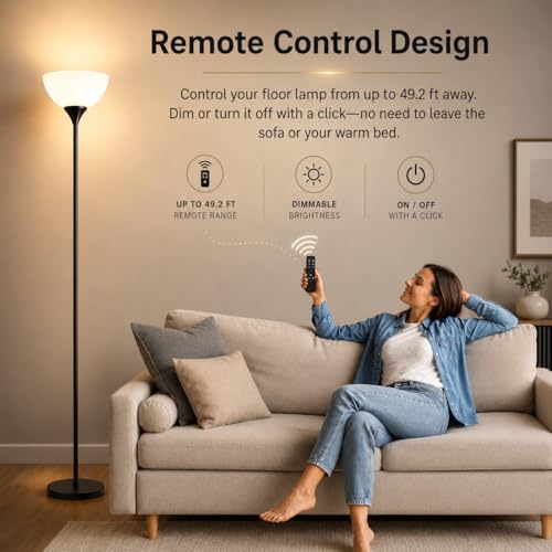 PESRAE Floor Lamp, Remote Control with Stpeless Color Temperatures and Brightness, Torchiere lamp for Bedroom, Living Room, Bulb Included (Matte Black) - Image 3