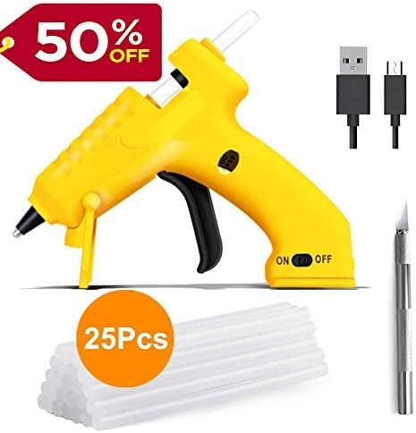 Jcrafter Cordless Glue Gun with 25pcs Hot Melt Glue Sticks(7mm*190mm) for DIY Arts and Craft Built-in 3.7V Lithium Battery and Carving Knife, Quickly Pre-Heating(8W, Yellow)