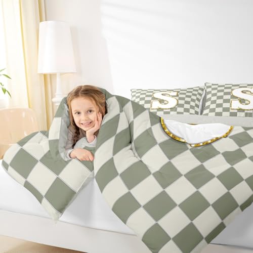 Image of Erosebridal Sage Green Checkered Comforter Set Queen Plaid Initial S Bedding Set Personalized Monogram Comforter for Kids Adults,Fashion Grids Gingham Quilt Duvet