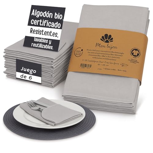 Set de 6 servilletas de Tela Suaves Color Gris Claro I 100% algodón orgánico sostenible con certificación Gots I Tamaño 45x45 cm I para Fiestas, Navidad, cenas, decoración de Mesa