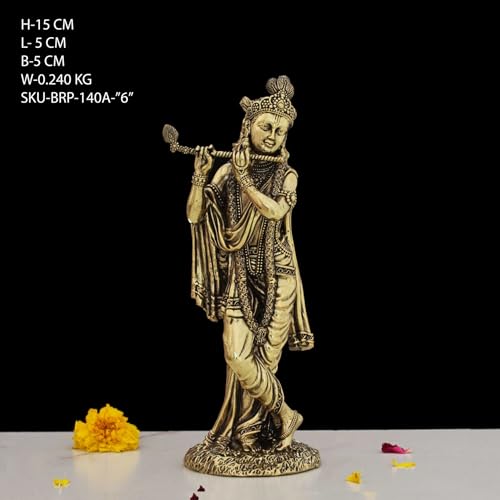 Image of INDICAST Brass 6 inch Lord Krishna Statue | Handcrafted Standing Krishna Murti Hindu God Idol Figurine Perfect for Decoration Puja & Gifting Purpose Sculpture (Weight 240gm)