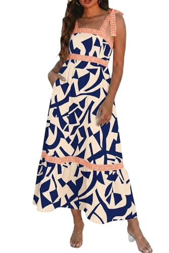 Image of Opemiby Womens Maxi Dress Spring Summer Sleeveless Lace Strap Empire Waist A Line Side Pockets Beach Casual Long Dresses