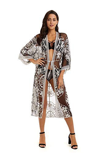 marysgift Bikini Cover Ups for Women Lace Cardigan Floral Crochet Sheer Beach Long Open Kimono(Black-Apricot)
