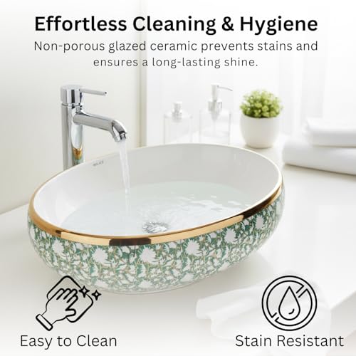 Image of Wallace Designer Oval Table Top Wash Basin 60x40x15 cm | Green & White Floral Ceramic Countertop Vessel Sink with Gold Rim | Luxury Above Counter Bathroom Vanity Basin