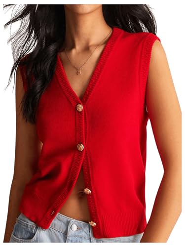 Women's V Neck Sweater Vest Button Down Sleeveless Vest Cardigan Casual Knit Vest
