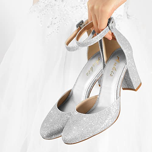 Image of Ankis Silver Glitter 3 Inch Block Heel Pumps for Women - Comfortable Closed Toe Chunky Heels, Perfect for Wedding & Formal Occasions