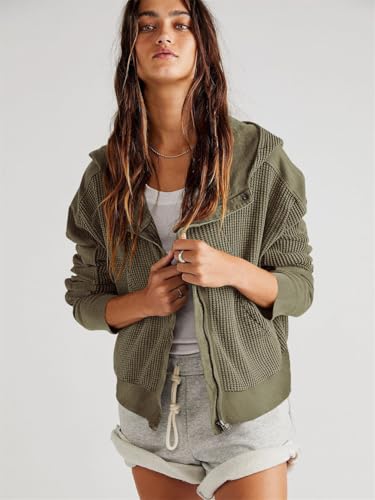 Women Waffle Knit Jacket, Womens Waffle Knit Hoodies, Casual Long Sleeve Zip Up Shackets with Pockets4