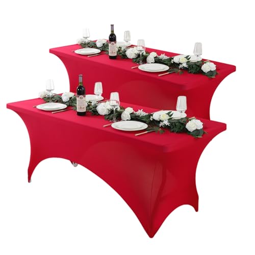 Craft And Party 2 Pack 8ft Red Spandex Tablecloth – Fitted Stretch Cover – Universal Fit for Folding Tables – Wrinkle-Free, Washable – Ideal for Parties, Weddings, Events