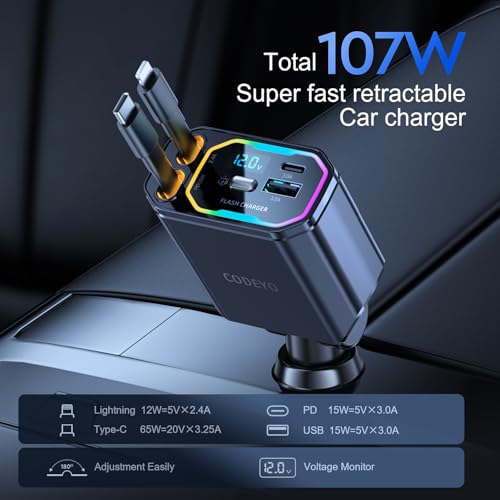 Cargador Teléfono Coche Rápido CODEYO 107W ideal para viajes largos con iPhone 16 2