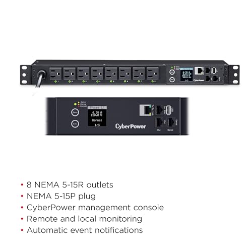 Image of CyberPower PDU41001 Switched PDU, 100-120V /15A (Derated to 12A), 8 Outlets, 1U Rackmount | Switched Network-Managed 1u Pdu, 8 Nema 5-15r Outlets, 12 Ft Cord, LCD, Snmp, 3-Yr Warranty