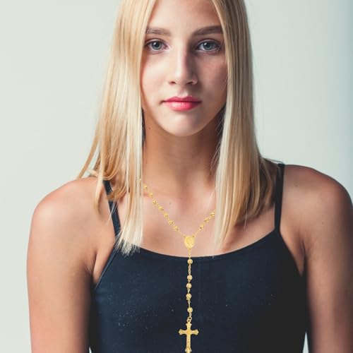 18K Gold Plated Virgin Mary Rosary Bead Cross Necklace for Women Men4