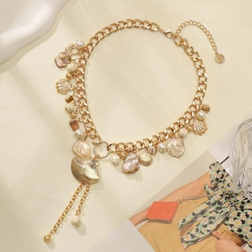 Image of Coiris Natural Seashell Choker Necklaces Earrings Jewelry Set for Women Starfish Shell Freshwater Pearl Collar Necklaces for Women Irregular Mother of Pearl Jewelry Set
