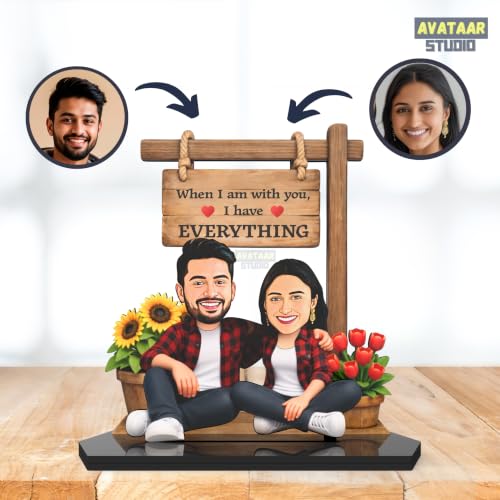Image of Wood Rectangular Personalized Caricature Gift for Couple, 7 Inches, Tabletop Multicolor, Art Deco Style (COUPLE 13)