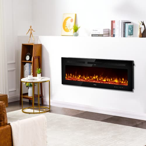 Ifomaps 60 Inch Electric Fireplace Wall Mounted, Wall Fireplace Inserts Heater, Recessed & Free Standing, Adjustable Flame Color, Touch Screen/Remote Control With Timer, Log Set/Crystal, 750/1500W #TOP5