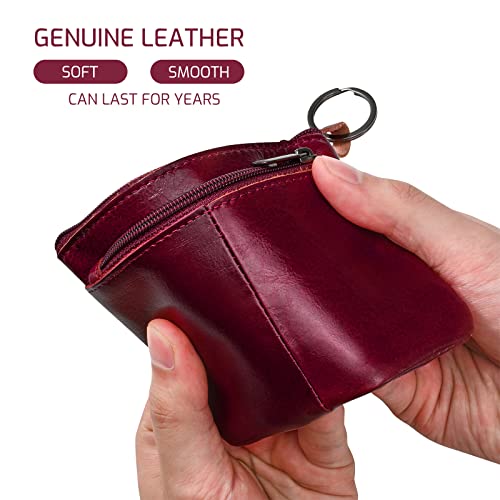 Genuine Leather Coin Purse Pouch Triple Zipper Card Holder Wallet With Key Ring,Wine Red #TOP3