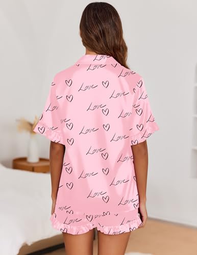 Image of Ekouaer Satin Pajama Set for Women 2 Piece Pj Sets Short Sleeve Sleepwear | Super Soft Silky Summer Loungewear Set with Ruffle Short Sleeve Top and Pocket Shorts, Casual Travel Daily Gift