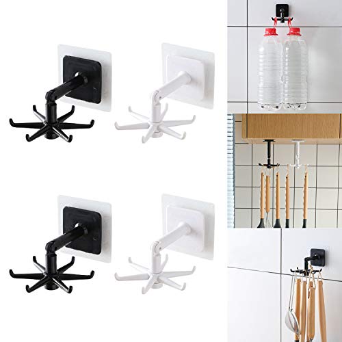 Gancho plegable giratorio 360°, 4 ganchos sin agujeros, estante giratorio con clavos de cocina, soporte de pared para utensilios de cocina, estante de almacenamiento escalable con 6 garras Cover