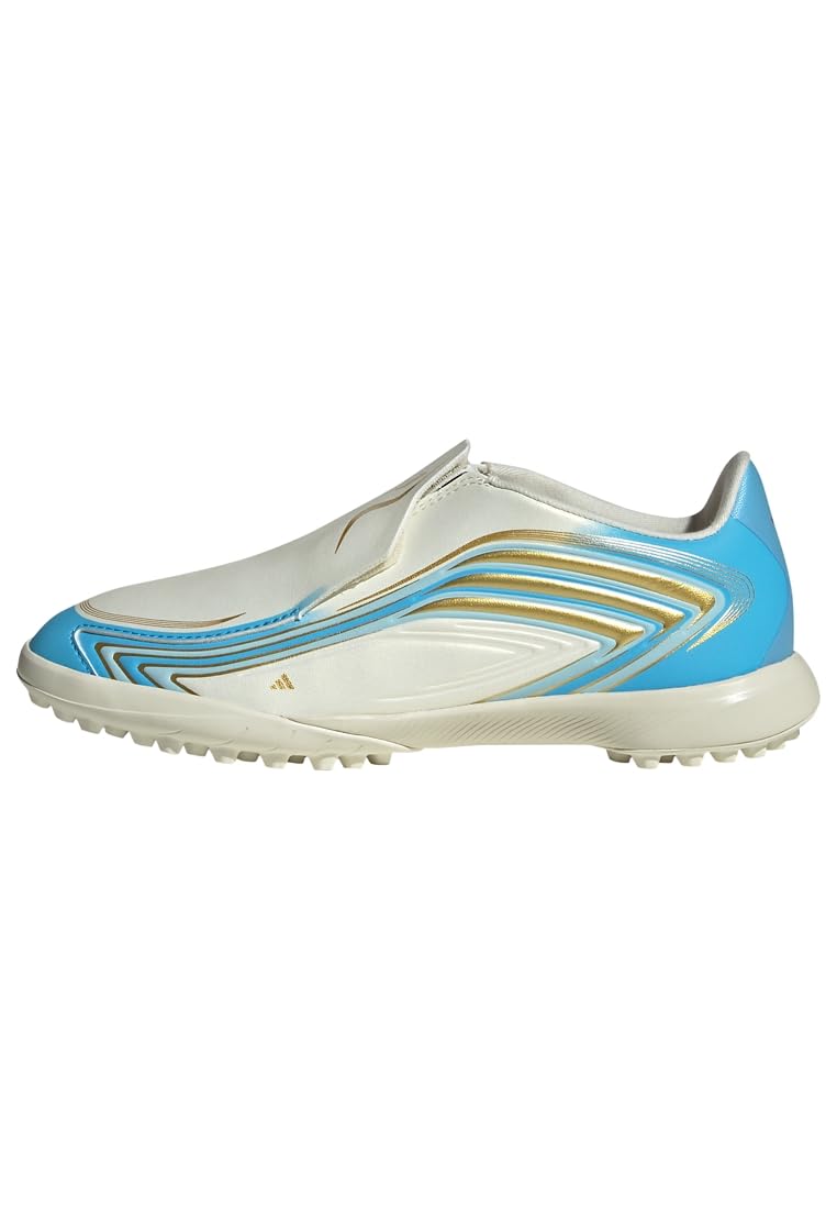 adidas Unisex Kids F50 Messi League Laceless Turf Football Kids Shoes, Ivory/semi Blue Burst/Icey Blue, 13 UK Child