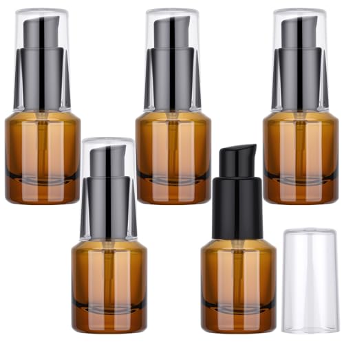 Image of Segbeauty 0.5oz Empty Glass Refillable Travel Bottles, 5pcs Lotion Pump Bottle Dispenser, 15ml Amber Mini Empty Travel Size Bottles for Creams, Small Lotion Dispenser with Pump Liquid Container