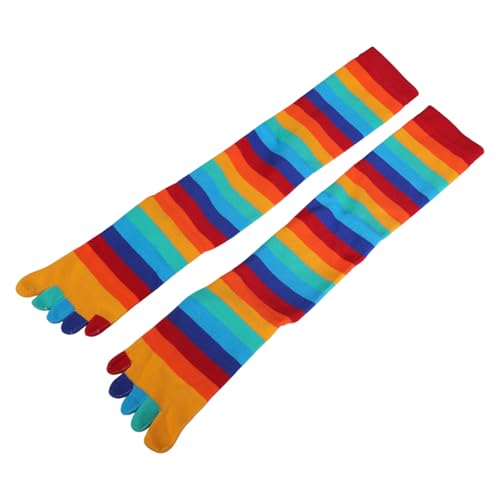 Image of Women Split Toe 5 Finger Calf Socks Rainbow Colorful Stripe Print Hosiery