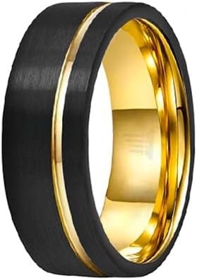 14K Yellow Gold Tungsten Rings for Men Black Wedding Band with Offset Golden Groove 8mm Unique Comfort Fit Anniversary Gift