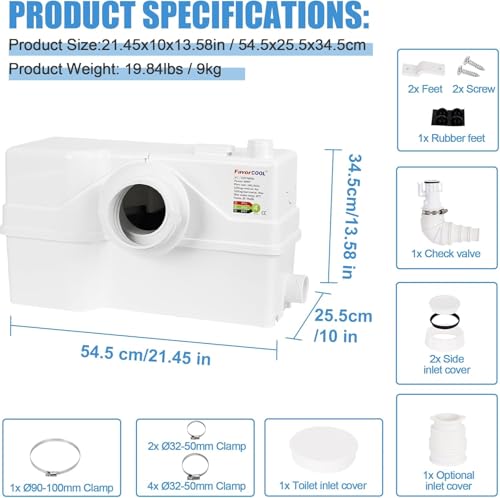 Image of Sink Sewerage Pump 800W, Macerating Toilet Pump 10800 L /h Flow, 29.5ft /9m Head for Basement Upflush Toilet, Macerator Sewerage Sump Pump System With 3 Water Inlets For Bathtub, Laundry And Sink