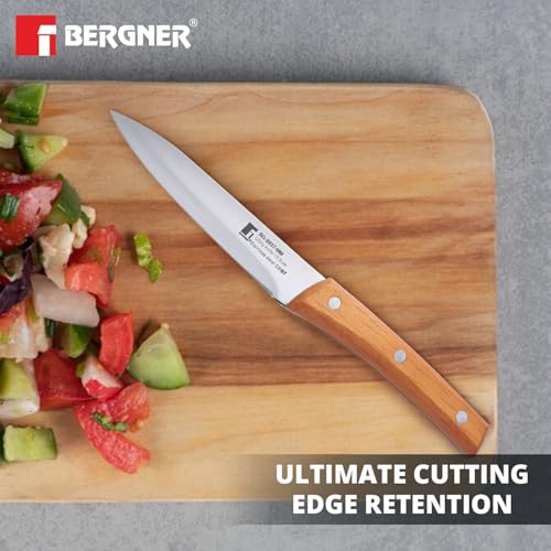 Image of BERGNER Natural Stainless Steel 12.5cm Utility Kitchen Knife, for Cutting, Chopping, Slicing, Sharp Blade, Food Grade, Non-Toxic, Stainless Steel Material, Mirror Finish, Wooden Handle, Non-Slip Grip