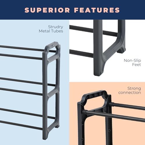 Image of Happhom 3-Tier Expandable Shoe Organizer - Space Saver Shoe Shelf with Smart Design for Closet, Entryway and Small Spaces, Dark Grey (CSR-01)