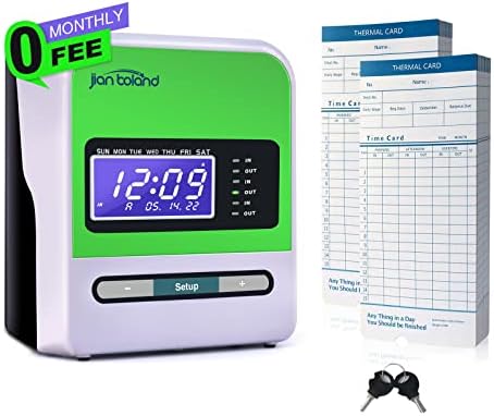JIAN BOLAND Thermal Time Clocks for Employees Small Business in/Out Time Punch Clock, No Ink Ribbons or Network Needed, with 50 Time Cards & 2 Keys 0 Monthly Fee