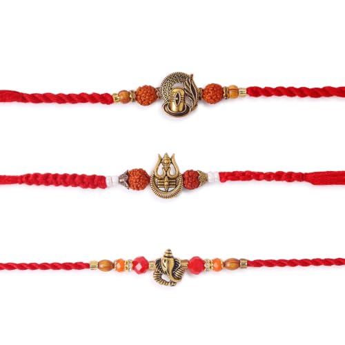 Image of Premium Set of 3 Rakhi for Brother with Greeting Card | Raksha Bandhan Trishul Design Rakhee Thread | Shivling & Ganesha Rakhi Gift Set for Brother, Bhaiya & Bhabhi | Traditional Designer Rakhi Combo