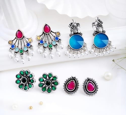 Image of FUBS Oxidized Designer Stud Earrings Set of 12 with Folding Jewelry Box | Traditional & Modern Earring Set for Women & Girls