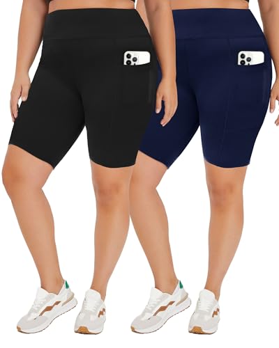 TNNZEET 2 Pack Plus Size Biker Shorts for Women - 8" Black High Waisted Tummy Control Spandex Workout Shorts (XL-4XL)