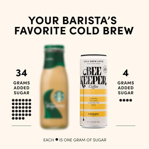 Image of Beekeeper Caramel Cold Brew Coffee Drinks with Oregon Honey | 12 Pack Refreshing Iced Coffee - Unsweetened & Strong Arabica Brew, 8 fl oz Ready-to-Drink Can - 180mg Natural Caffeine