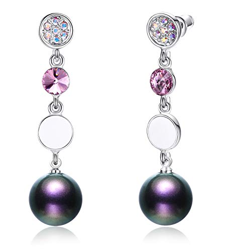Esottia Dangle Drop Long Earrings Made with Crystal Pearls from Swarovski, Gifts for Women, Iridescent Purple, Silver-Tone