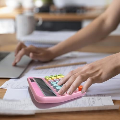 Image of Colorful Candy Mechanical Calculator - Cute 12 Digit Large LCD Display, Big Round Button, Easy to Press - for School, Office, Business, Home - Automatic Sleep (Multi-Color)