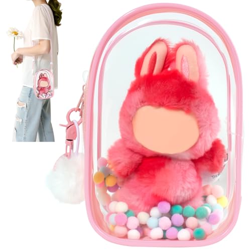 Image of Clear Figure Display Bag with Keychain for Doll, Protective Case for Plush Doll, Clear Hanging Display Cases, Crossbody Doll Storage Bag, PVC Storage Case Cover for Figures Dolls (Pink, Middle)