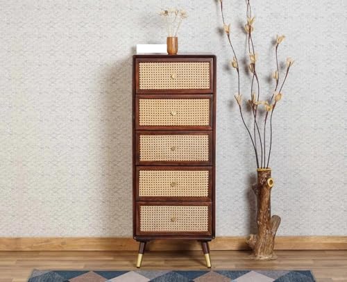 Image of Chest of Drawers | Multipurpose Console Dresser with 5-Compartment Storage Cabinet with Modern Design for Bedroom, Living Room & Office | Solid Sheesham Wood, Walnut Finish (Steven)
