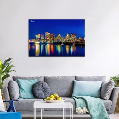 Image of Night Scene Canvas Prints Poster Boston Cityscape Wall Art Nature Blue Skyline Landscape Paintings Wall Decor Building Reflection Picture Artwork Office Bathroom Bedroom Living Room Decorations 24x36 inch