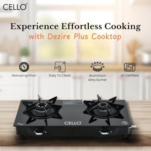 Image of Cello Dezire Plus 2 Burner Gas Stove | 6mm Toughened Glass | Manual Ignition | ISI Certified | Rapid Alloy Burnes | 1 Year Warranty | Hexa Pan Supports