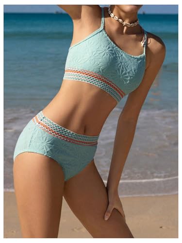 OYOANGLE Girl's 2 Piece Bikini Sets Textured Spaghetti Strap Wireless Swimsuits High Waist Bathing Suits2
