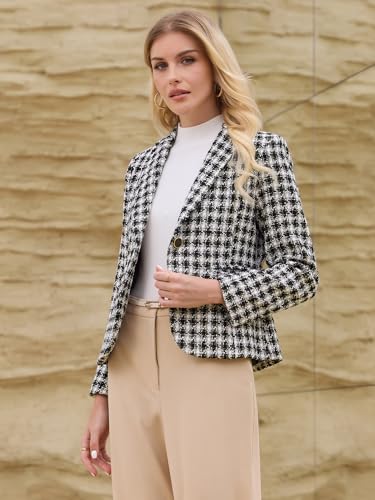 Women's Tweed Tartan Blazer Open Front Fall Winter Business Casual Plaid Jacket2