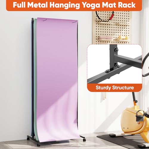 ybaymy Hanging Yoga Mat Holder Commercial Metal Exercise Mat Storage Rack on Wheels Large Capacity Yoga Mat Organizer for Gym Workout Room Equipment