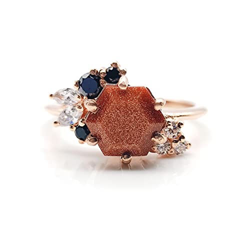 Rings For Women Gold Sandstone Ring, Hexagon Cut Ring, Galaxy Ring, Outer Space Ring, Nebula Ring, Bridal Ring, Rose Gold,White,Brown,Silver