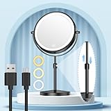 Gospire 8.5' Lighted Makeup Mirror with Magnification, Adjustable Brightness & Height, 3 Light Colors, 360° Rotation, 10X Magnifying Mirror with Light, LED Vanity Mirror for Women - Black