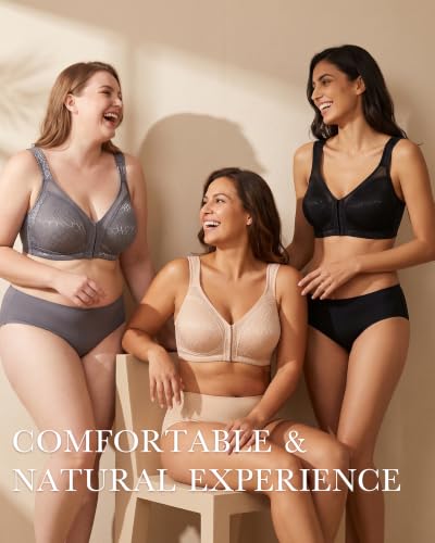 Image of Lemorosy Women's Plus Size Front Closure Posture Back Unlined Wireless Bra | Double Support, Full Coverage, Minimizer, Unpadded, Large Busts, 34D-48DDD