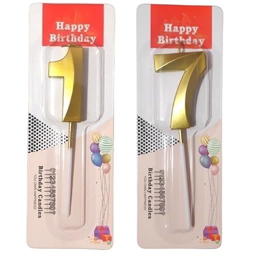 Image of ToyUniverse Number 17 Metallic Gold 3D Candle for Seventeenth Birthday, Anniversary, Surprise Party Cake Decoration (Pack of 2)