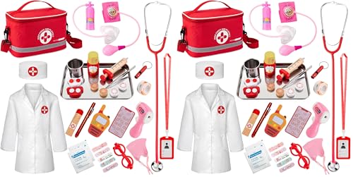 EFO SHM Maletin Medico Juguete, Kit Medico Infantil Madera Doctora Juegos con Real Estetoscopio, Termómetro, De Imitacion Regalos para Niños y Niñas, Niños A Partir de 3 Años (Paquete de 2)